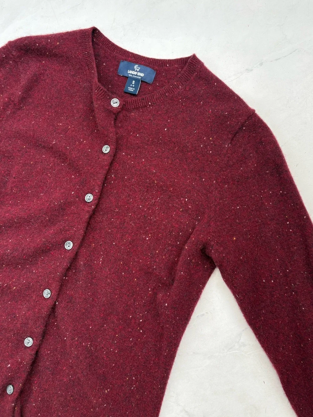 Lands End Size Small Cashmere Burgundy Speckled Button Uo Cardigan Soft Cozy